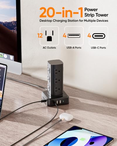 100W/160W Charging Station,Power Strip Tower with 12 AC Outlets 8 USB Ports