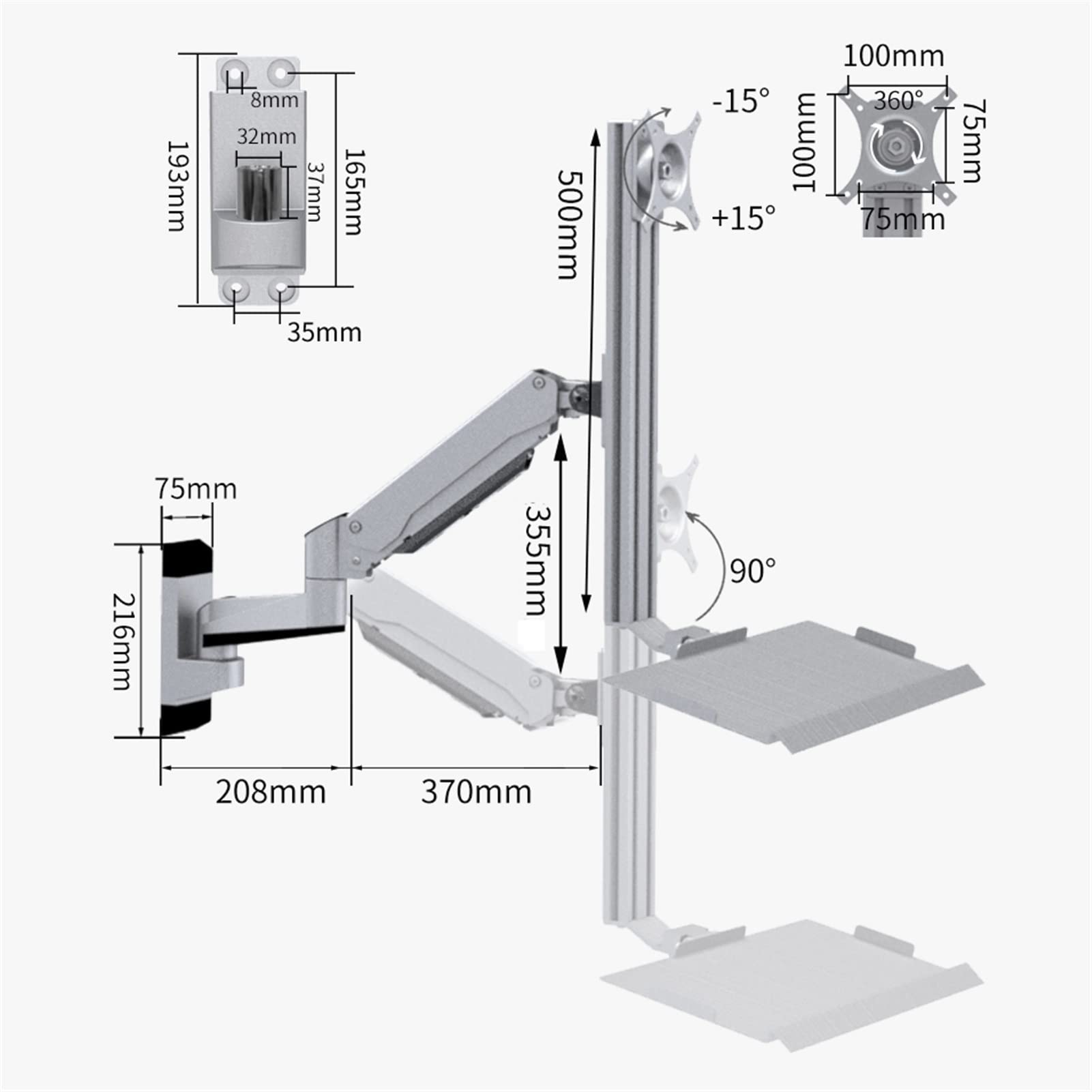 Heavy-Duty Wall-Mounted Monitor Arm with Keyboard Tray