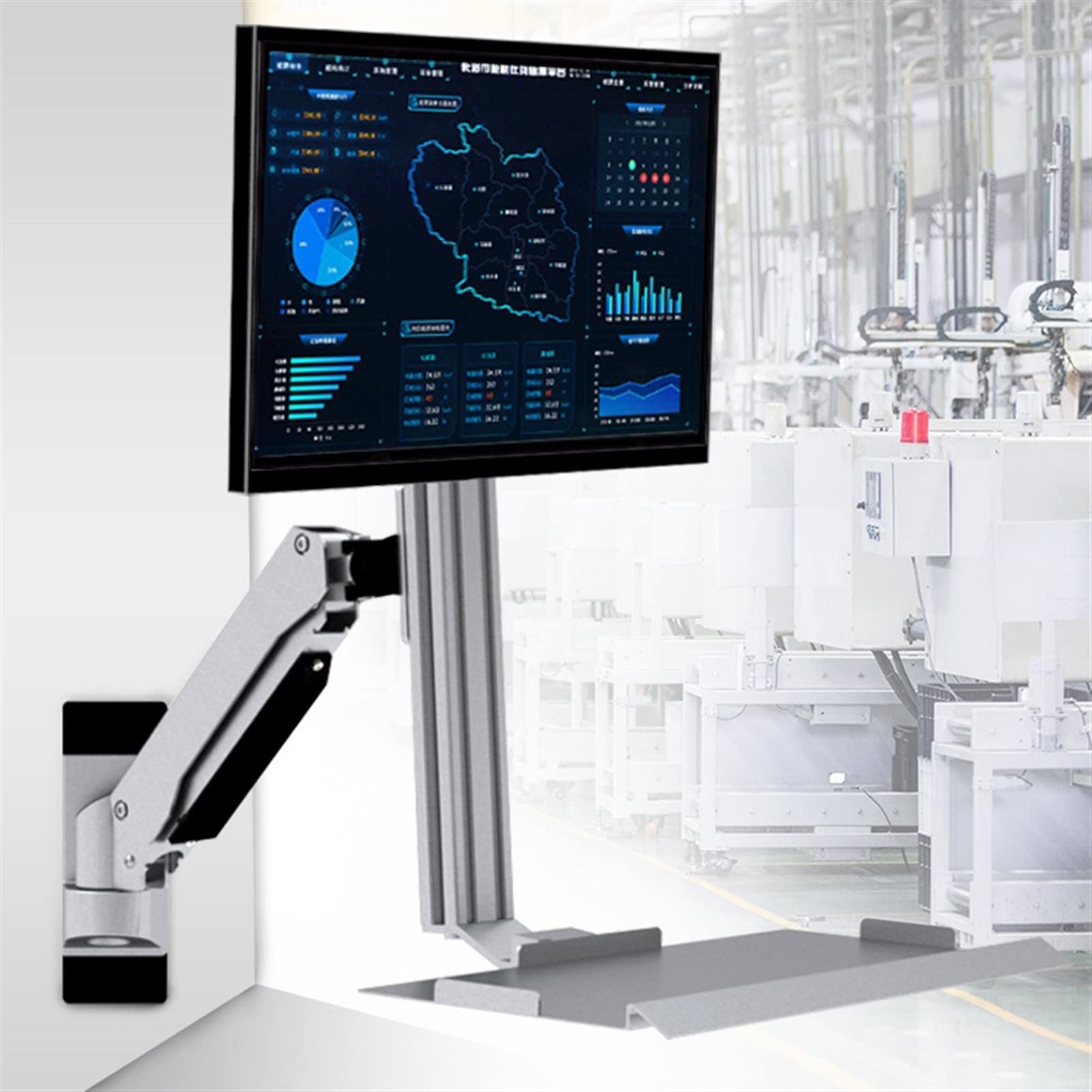 Heavy-Duty Wall-Mounted Monitor Arm with Keyboard Tray