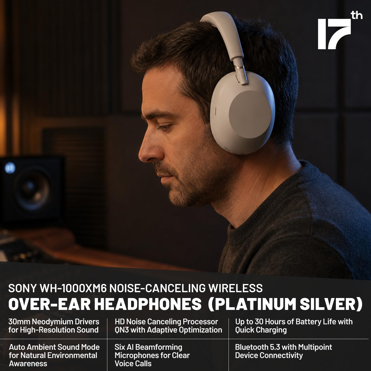 Noise-Cancelling Over-Ear Headphones, Silver