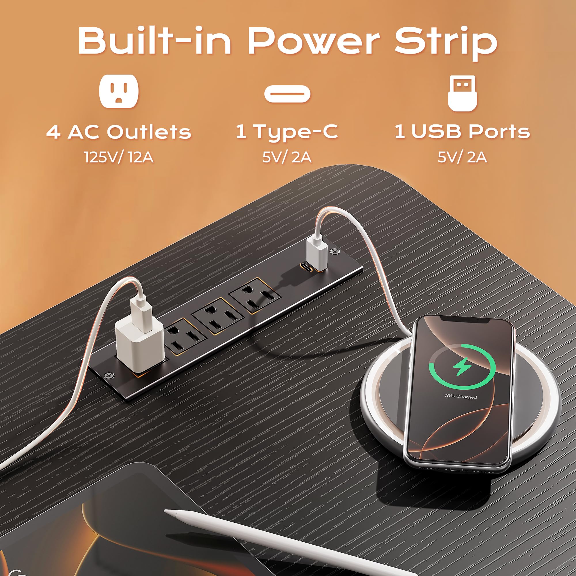 47-Inch Electric Height-Adjustable Gaming Desk with USB-C & Power Outlets